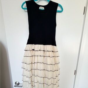 Elegant Black and Cream Tiered Midi Dress